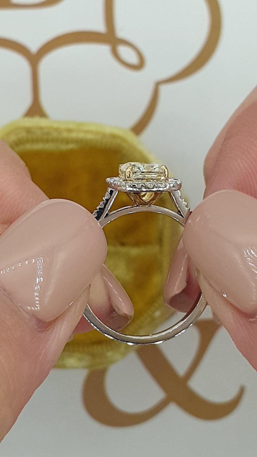 2.10 Carats Fancy Yellow Elongated Cushion Cut Micropave Halo Side Stones Diamond Engagement Ring - BenzDiamonds