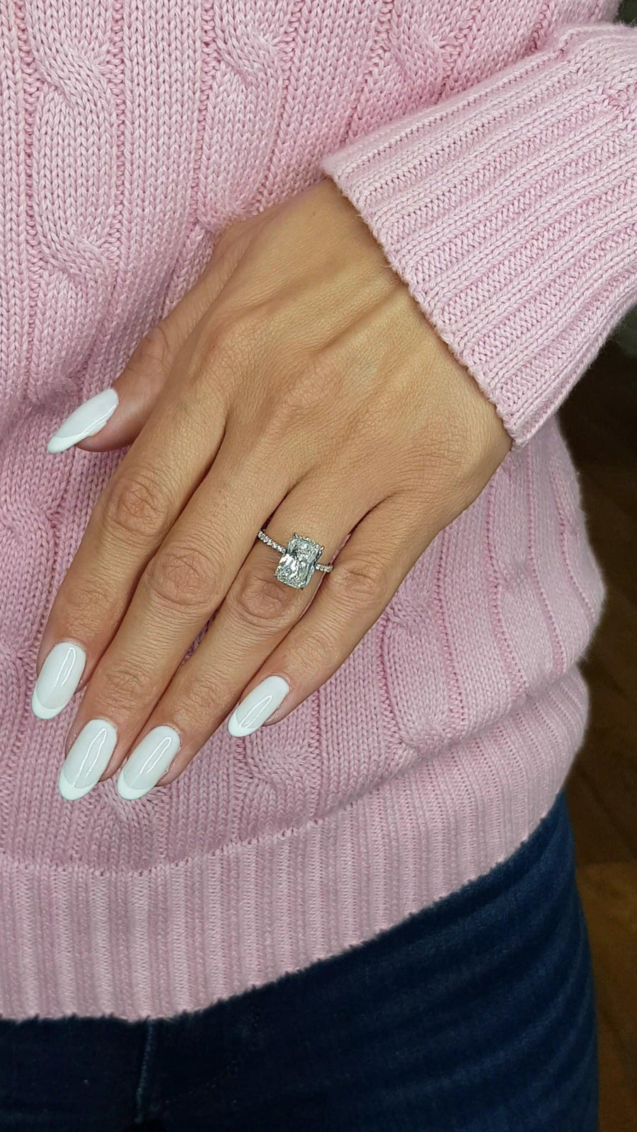 4.07 Carats Super Elongated Radiant Cut Micropaved Side Stones Hidden Halo Diamond Engagement Ring - BenzDiamonds
