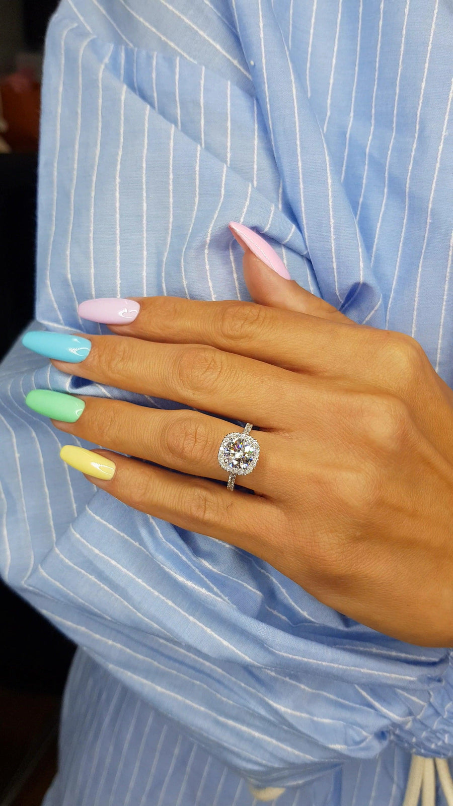 2.04 Carats Round Brilliant Cut Micropaved Cushion Shaped Halo Side Stones Diamond Engagement Ring - BenzDiamonds