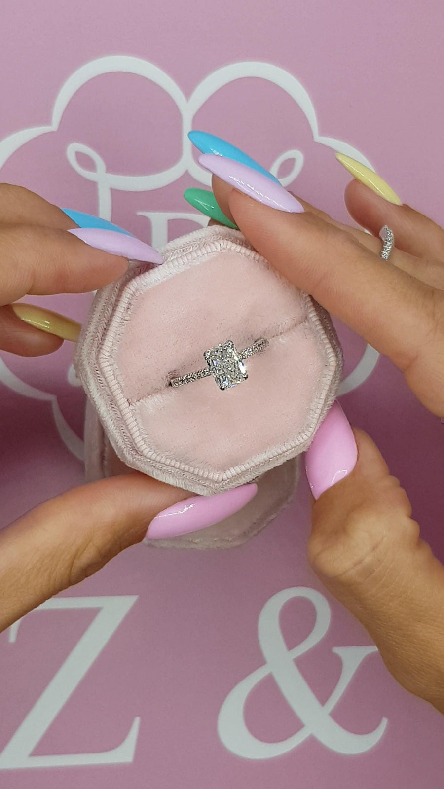 1.70 Carats Radiant Cut Micropaved Side Stones Hidden Halo Diamond Engagement Ring - BenzDiamonds