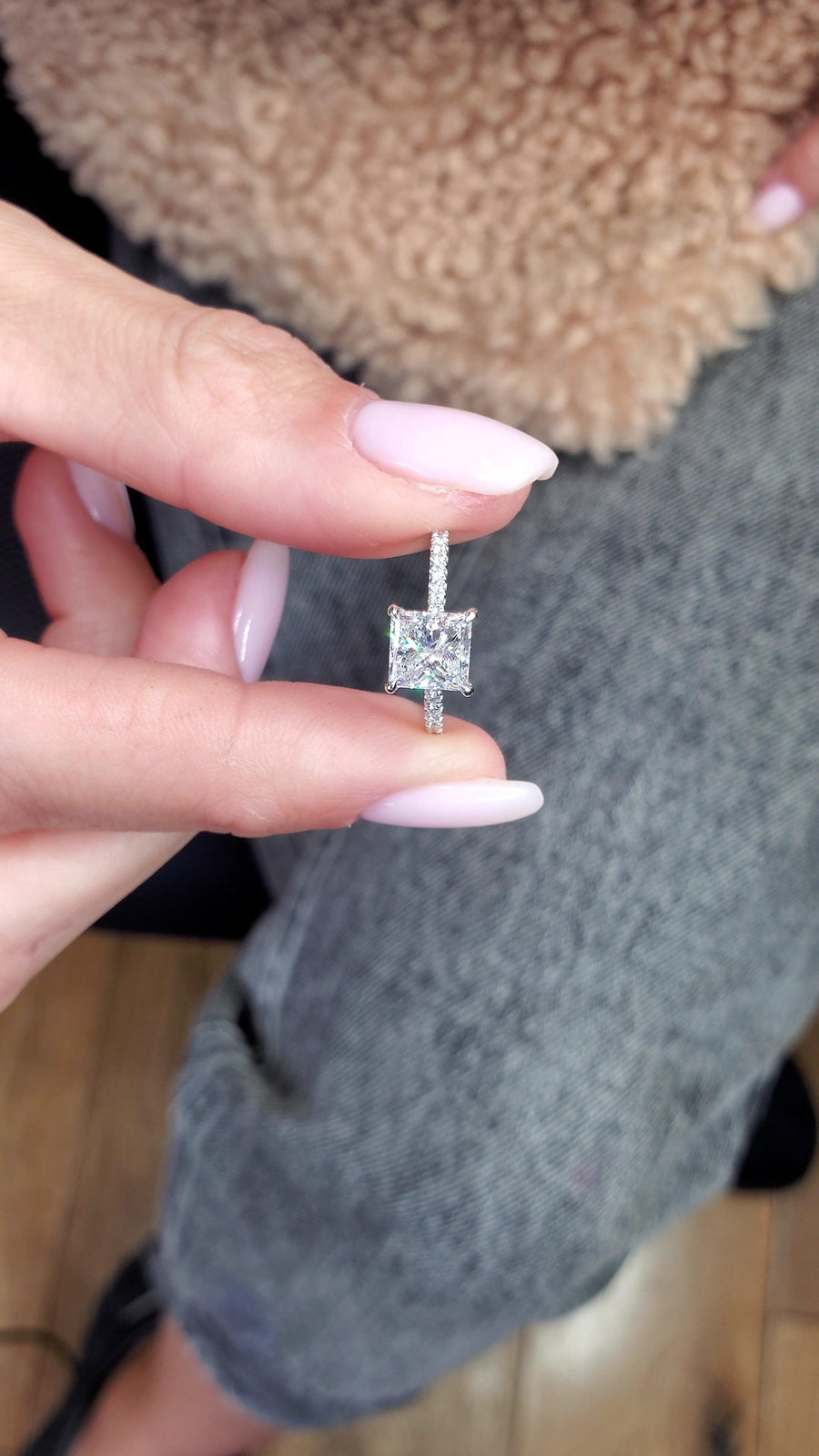 2 Carats Princess Cut Side Stones Hidden Halo Diamond Engagement Ring - BenzDiamonds