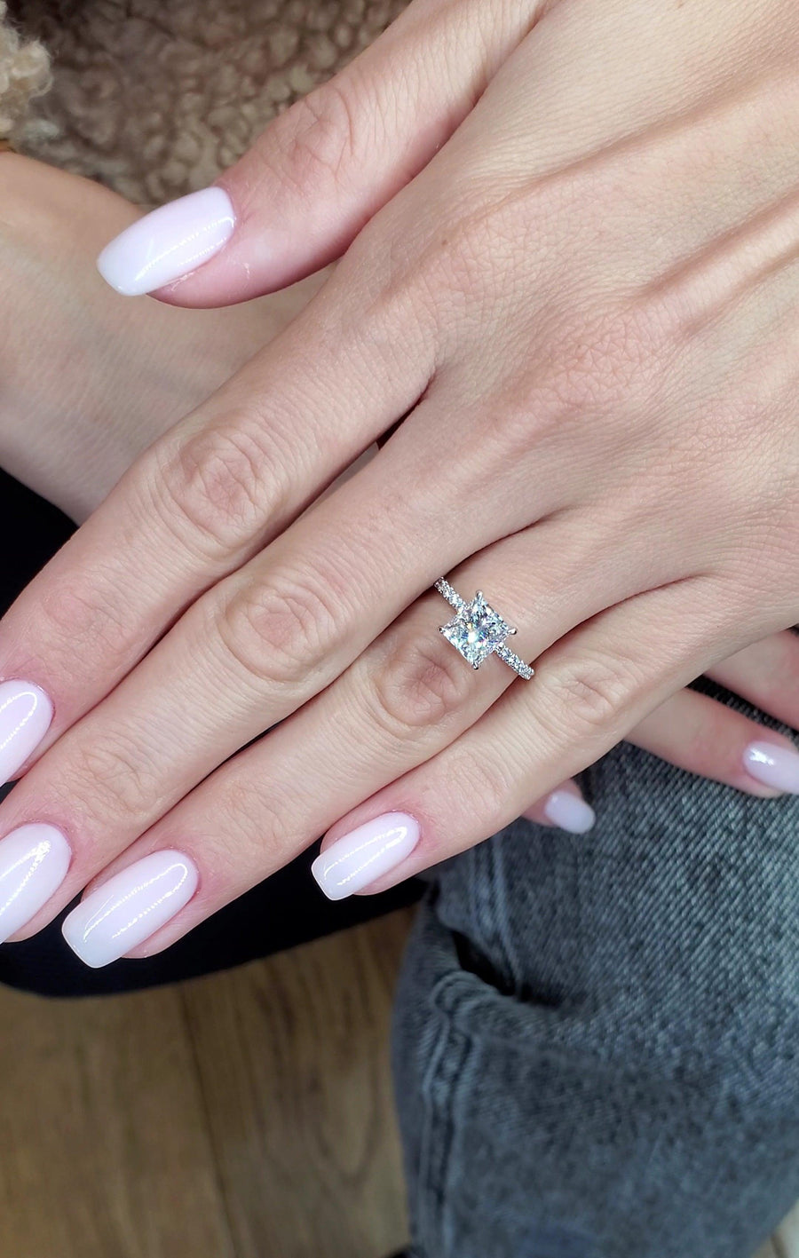 2 Carats Princess Cut Side Stones Hidden Halo Diamond Engagement Ring - BenzDiamonds