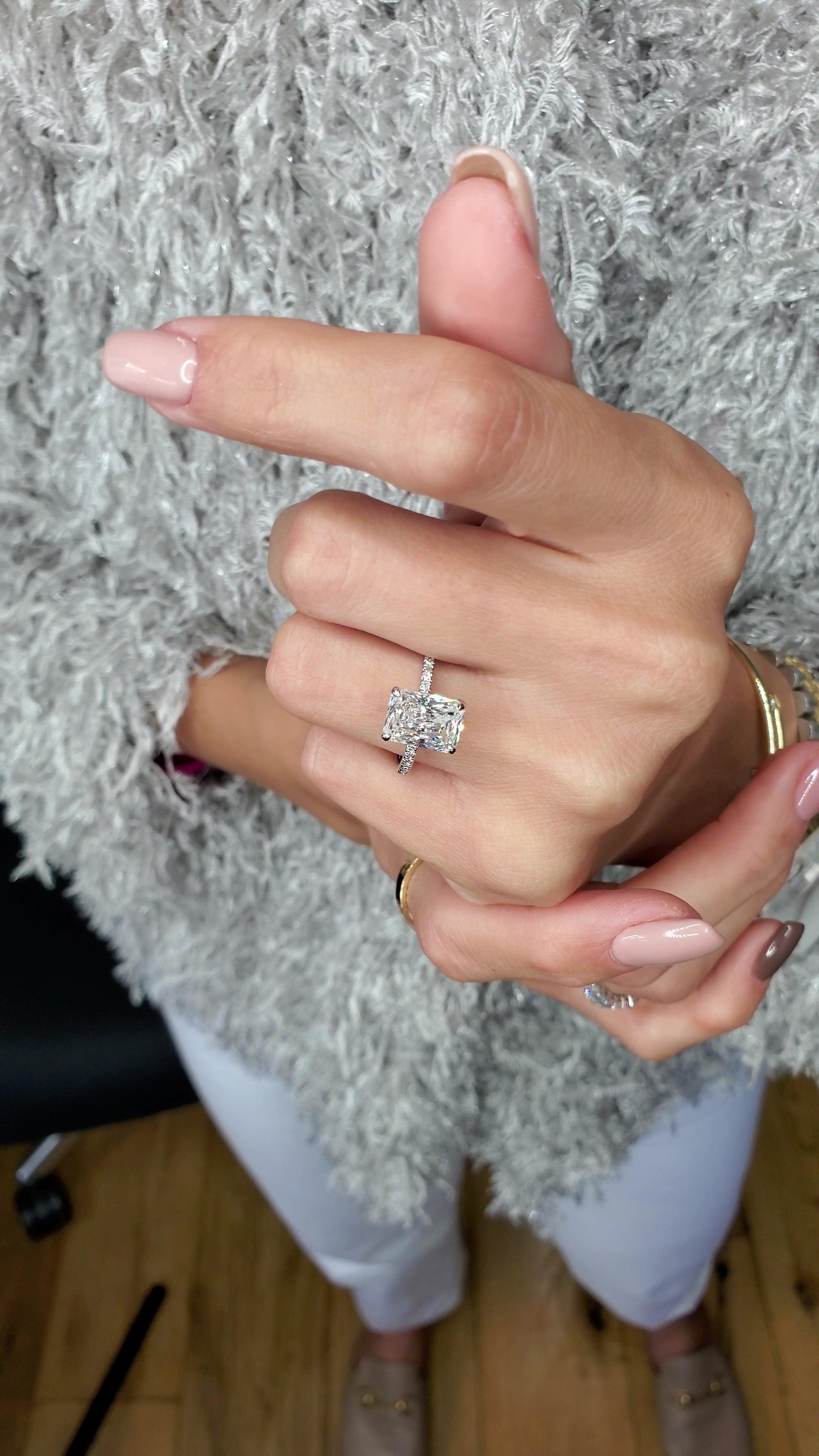 3.52 Carats Elongated Radiant Cut Micropaved Side Stones Hidden Halo Diamond Engagement Ring - BenzDiamonds