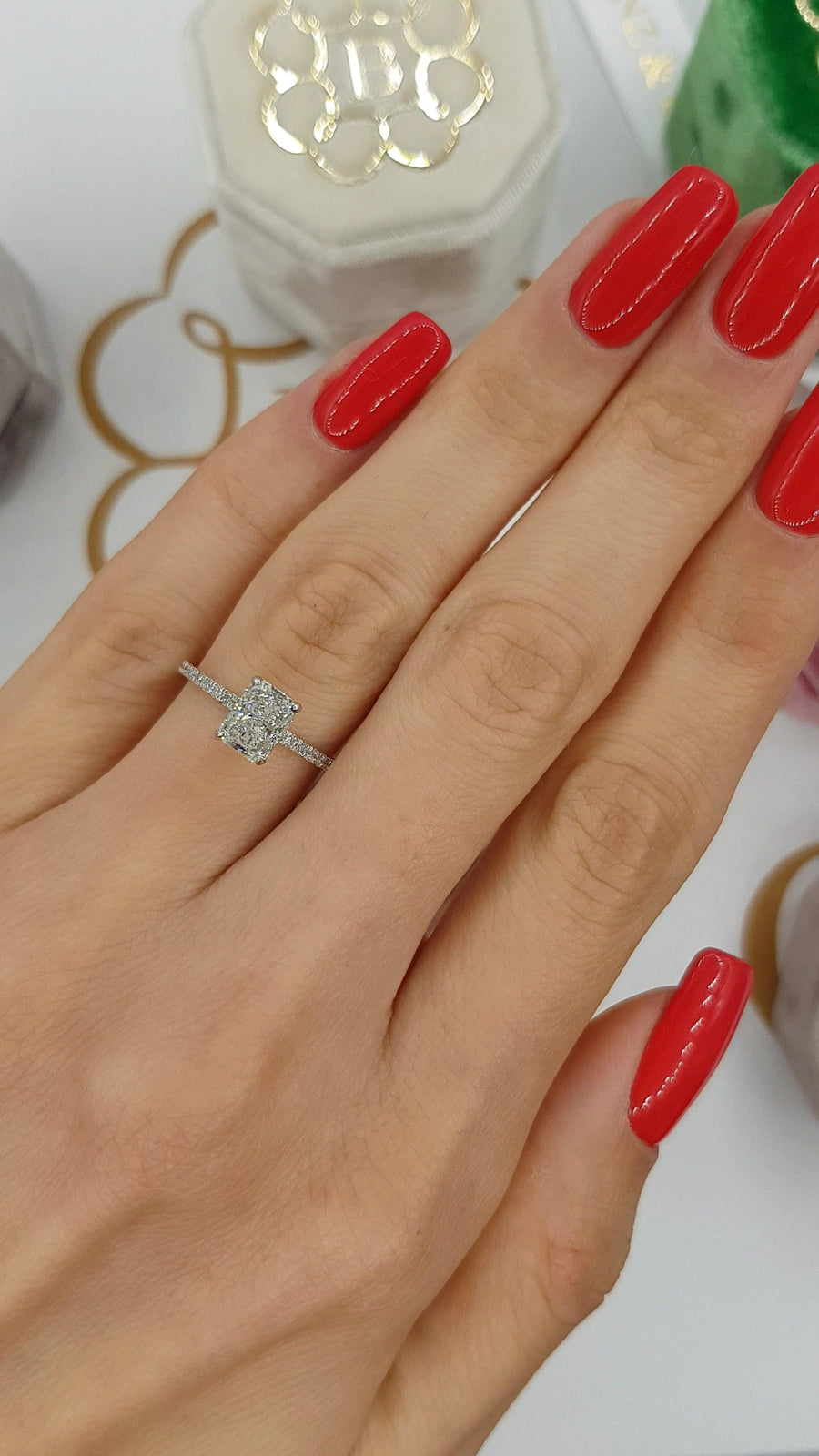 1.55 Carats Radiant Cut Micropaved Side Stones Hidden Halo Diamond Engagement Ring - BenzDiamonds