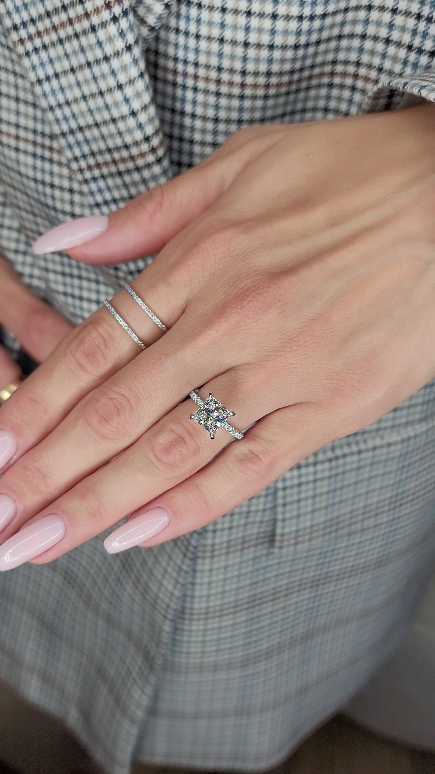 3 Carats Lab Grown Princess Cut Micropaved Side Stones Hidden Halo Diamond Engagement Ring - BenzDiamonds