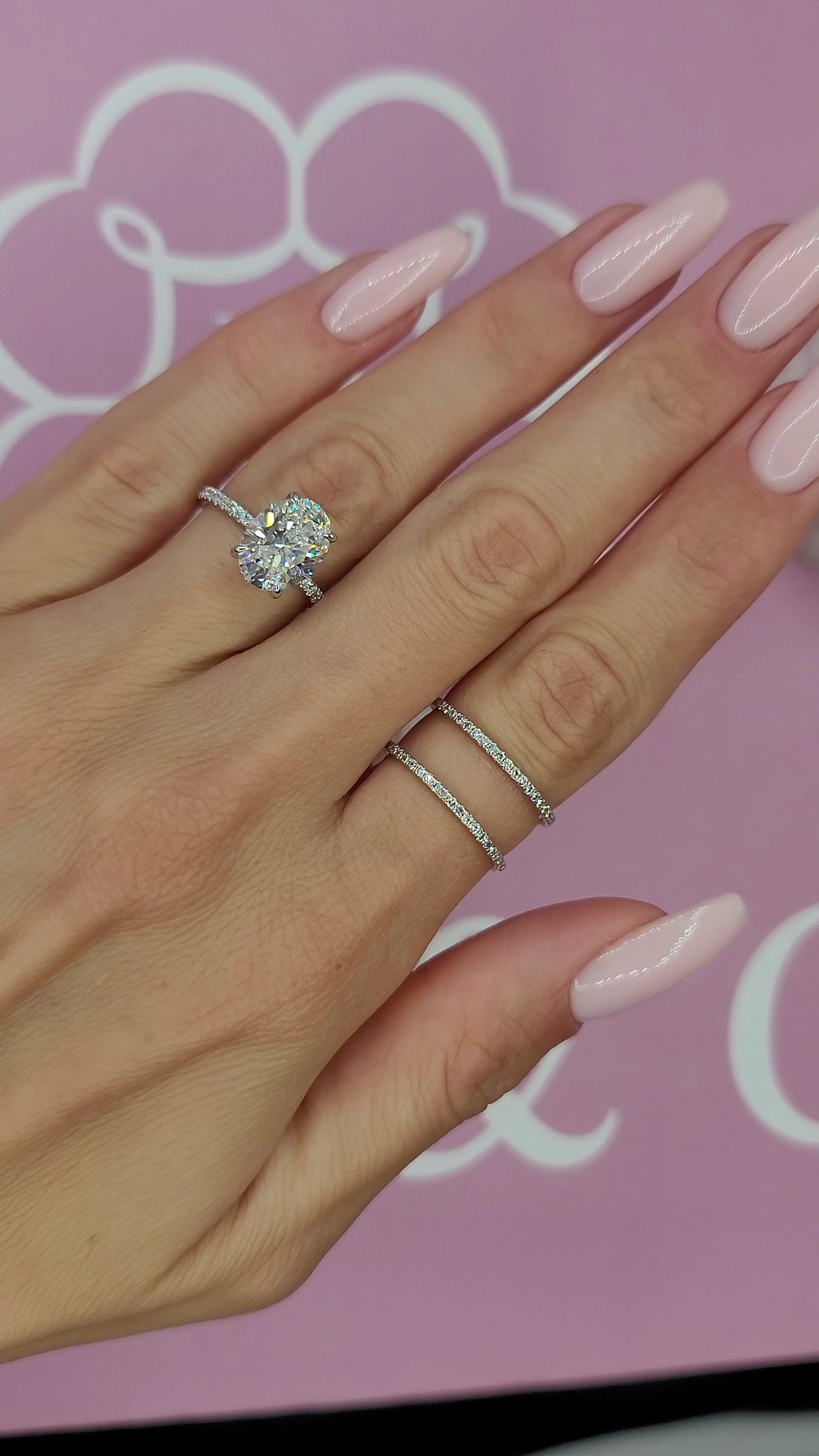 3.64 Carats Lab Grown Oval Cut Micropaved Side Stones Hidden Halo Diamond Engagement Ring - BenzDiamonds