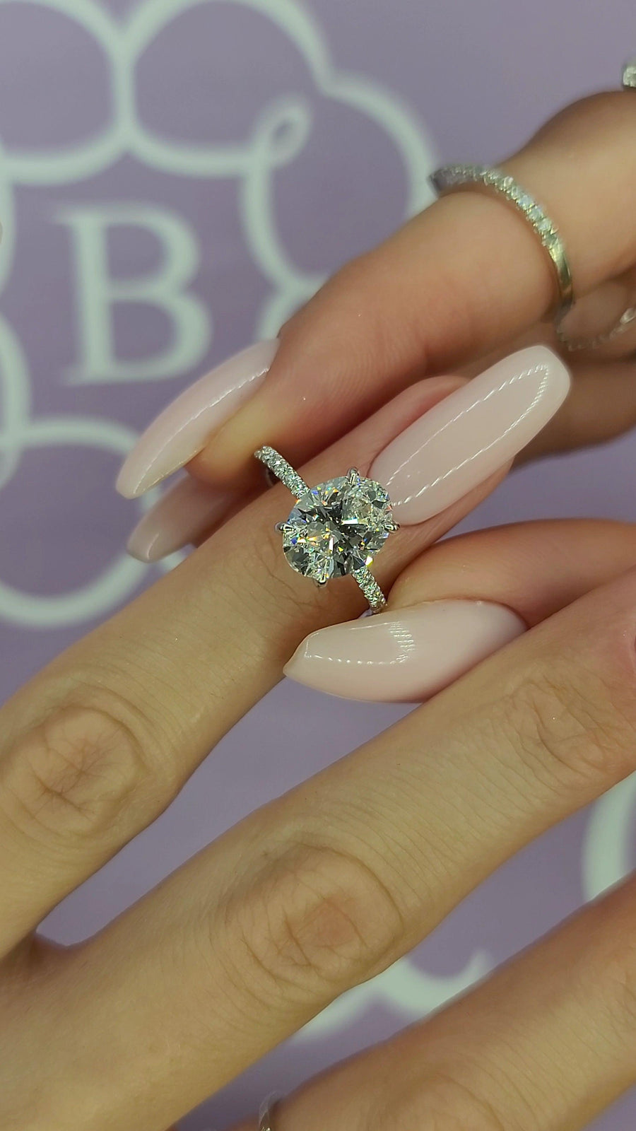 3 Carats Lab Grown Oval Cut Micropaved Side Stones Hidden Halo Diamond Engagement Ring - BenzDiamonds
