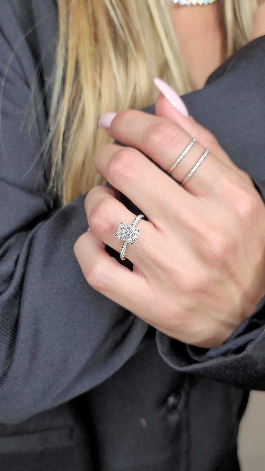 2.50 Carats Lab Grown Radiant Cut Micropaved Side Stones Hidden Halo D