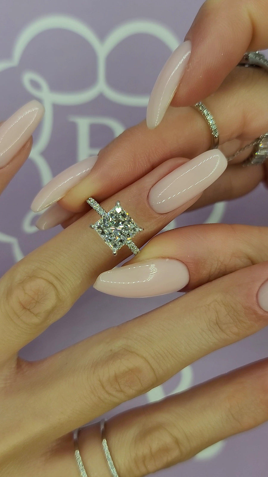 3.50 Carats Lab Grown Princess Cut Micropaved Side Stones Hidden Halo Diamond Engagement Ring - BenzDiamonds