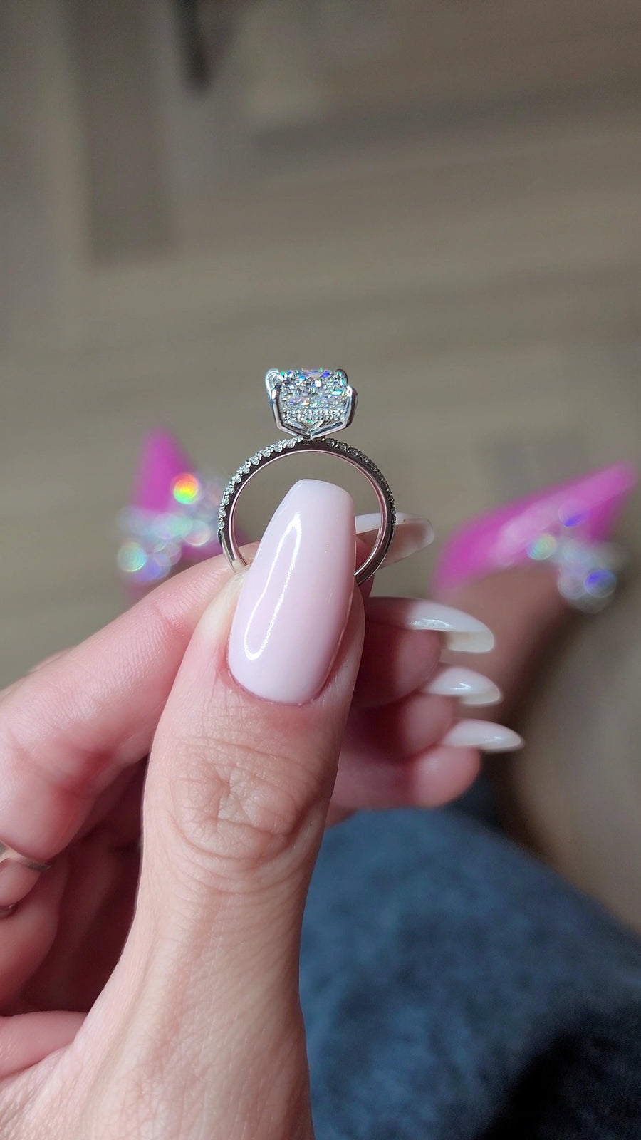 3.50 Carats Lab Grown Princess Cut Micropaved Side Stones Hidden Halo Diamond Engagement Ring - BenzDiamonds