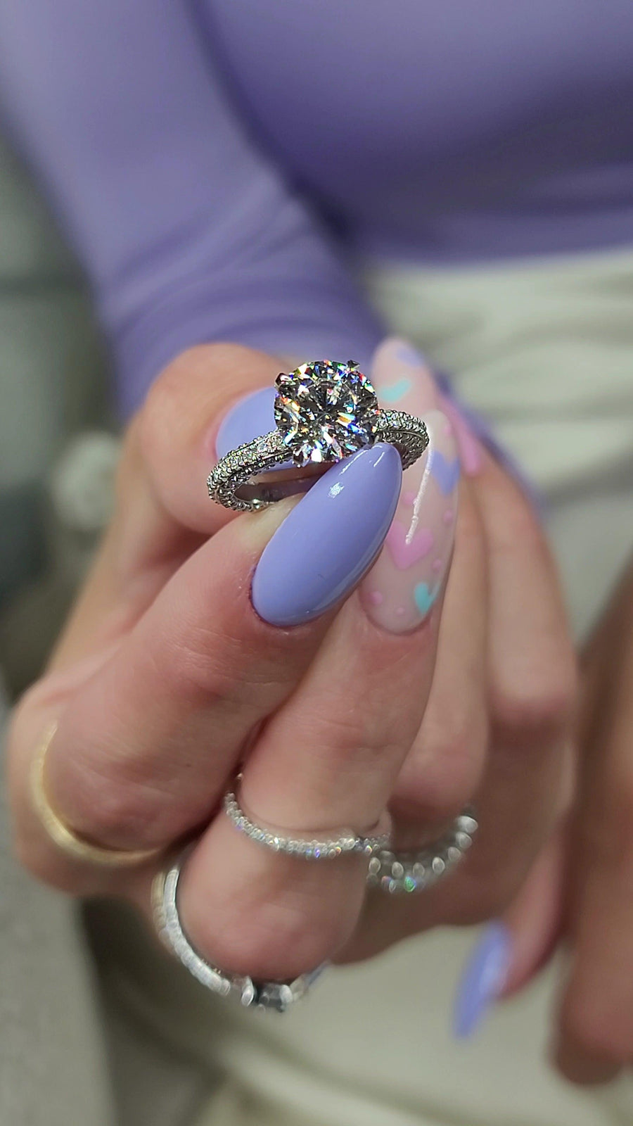 3.75 Carats Lab Grown Round Brilliant Cut Trio-Micropave Side Stones Diamond Engagement Ring - BenzDiamonds