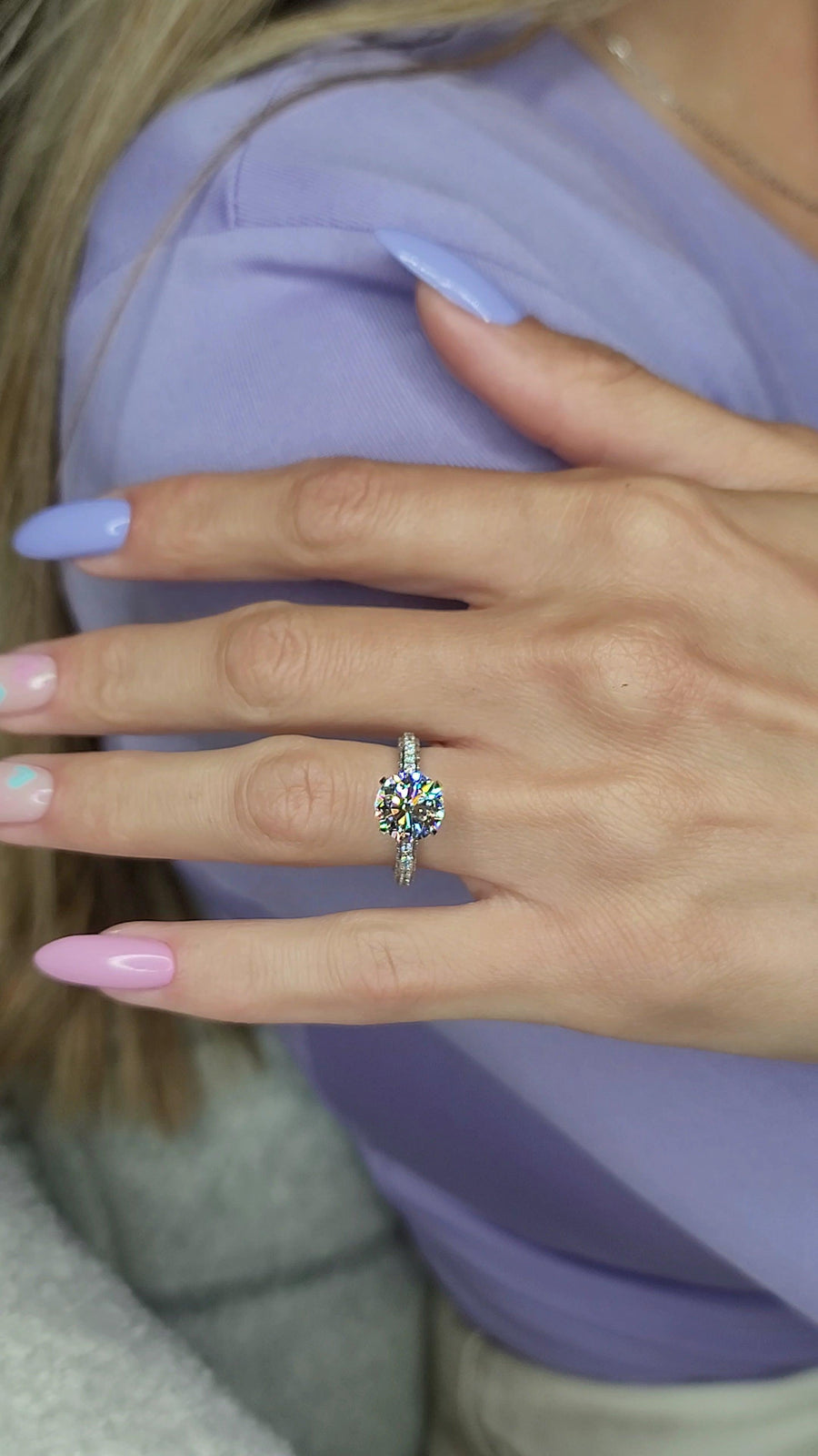 3.75 Carats Lab Grown Round Brilliant Cut Trio-Micropave Side Stones Diamond Engagement Ring - BenzDiamonds