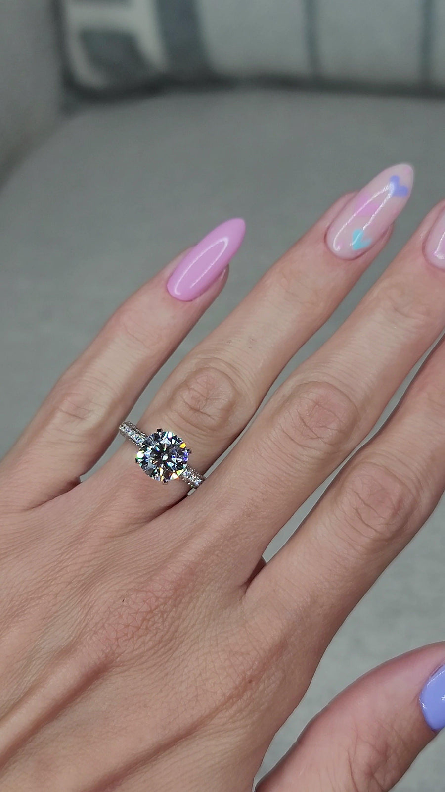 3.75 Carats Lab Grown Round Brilliant Cut Trio-Micropave Side Stones Diamond Engagement Ring - BenzDiamonds