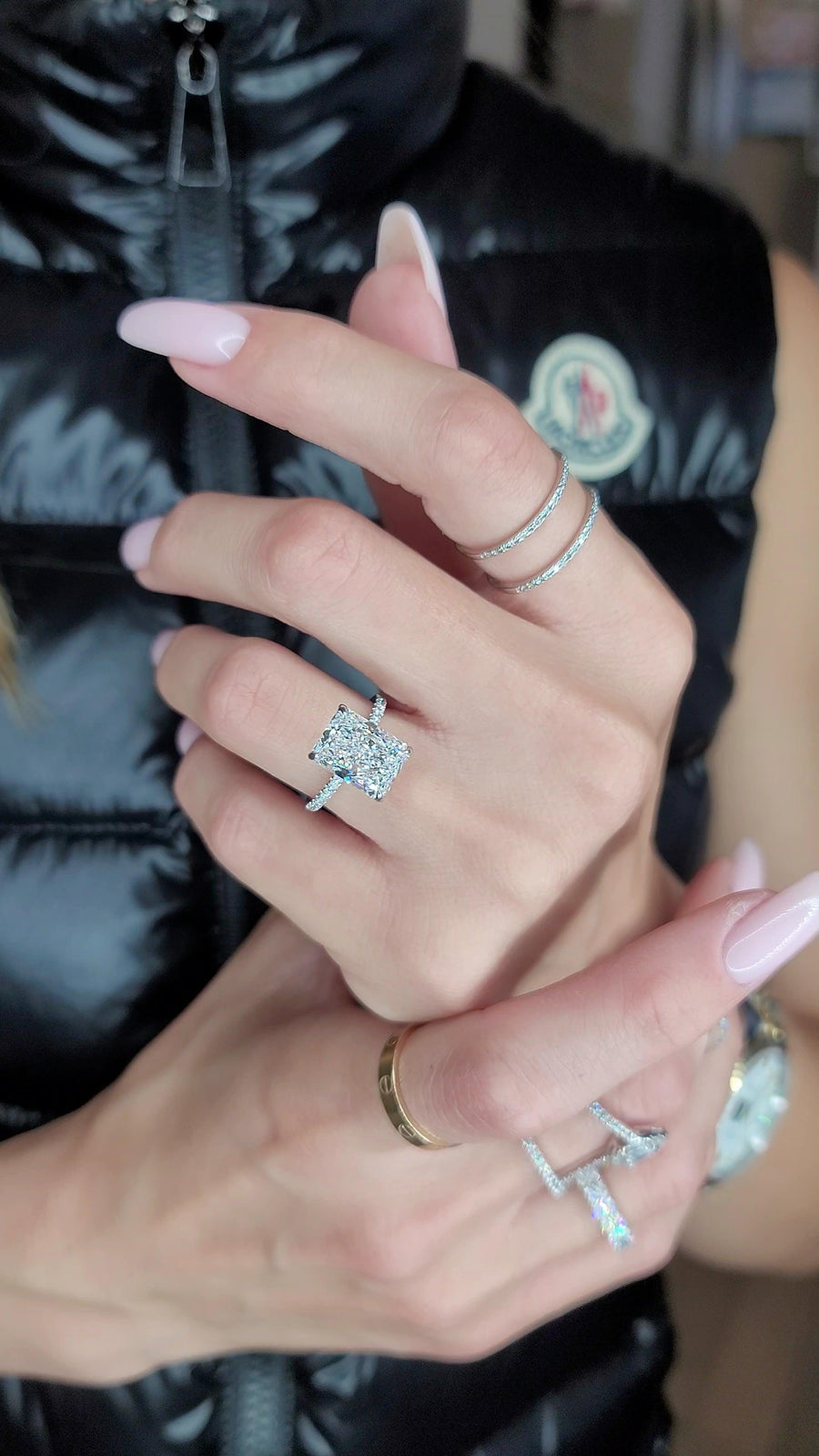 5.54 Carats Lab Grown Radiant Cut Micropaved Side Stones Hidden Halo Diamond Engagement Ring - BenzDiamonds