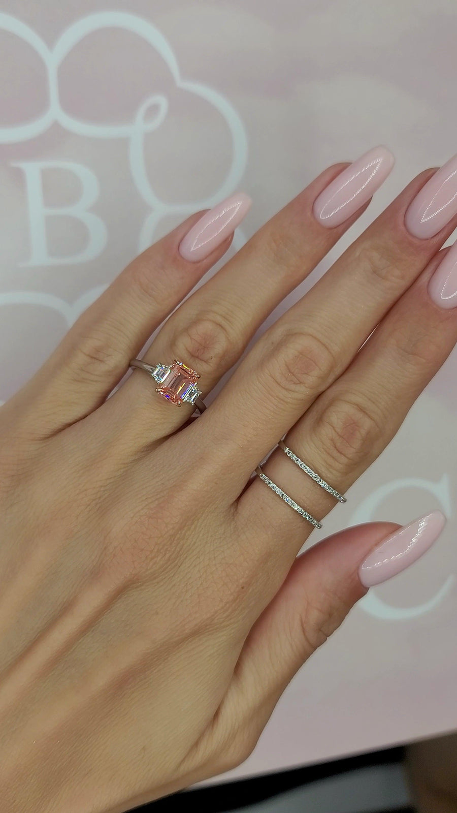 2.50 Carats Lab Grown Fancy Vivid Pink Emerald Cut with Trapezoid Side Stones Diamond Engagement Ring - BenzDiamonds