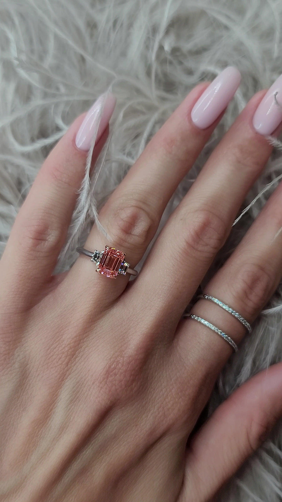 2.50 Carats Lab Grown Fancy Vivid Pink Emerald Cut with Trapezoid Side Stones Diamond Engagement Ring - BenzDiamonds