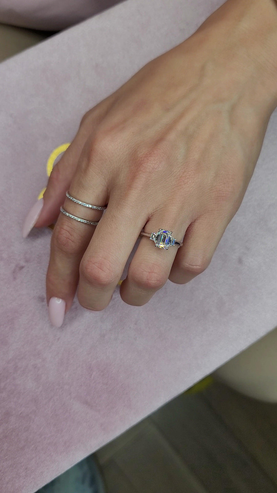 1.89 Carats Lab Grown Emerald Cut with Trapezoid Side Stones Diamond Engagement Ring - BenzDiamonds