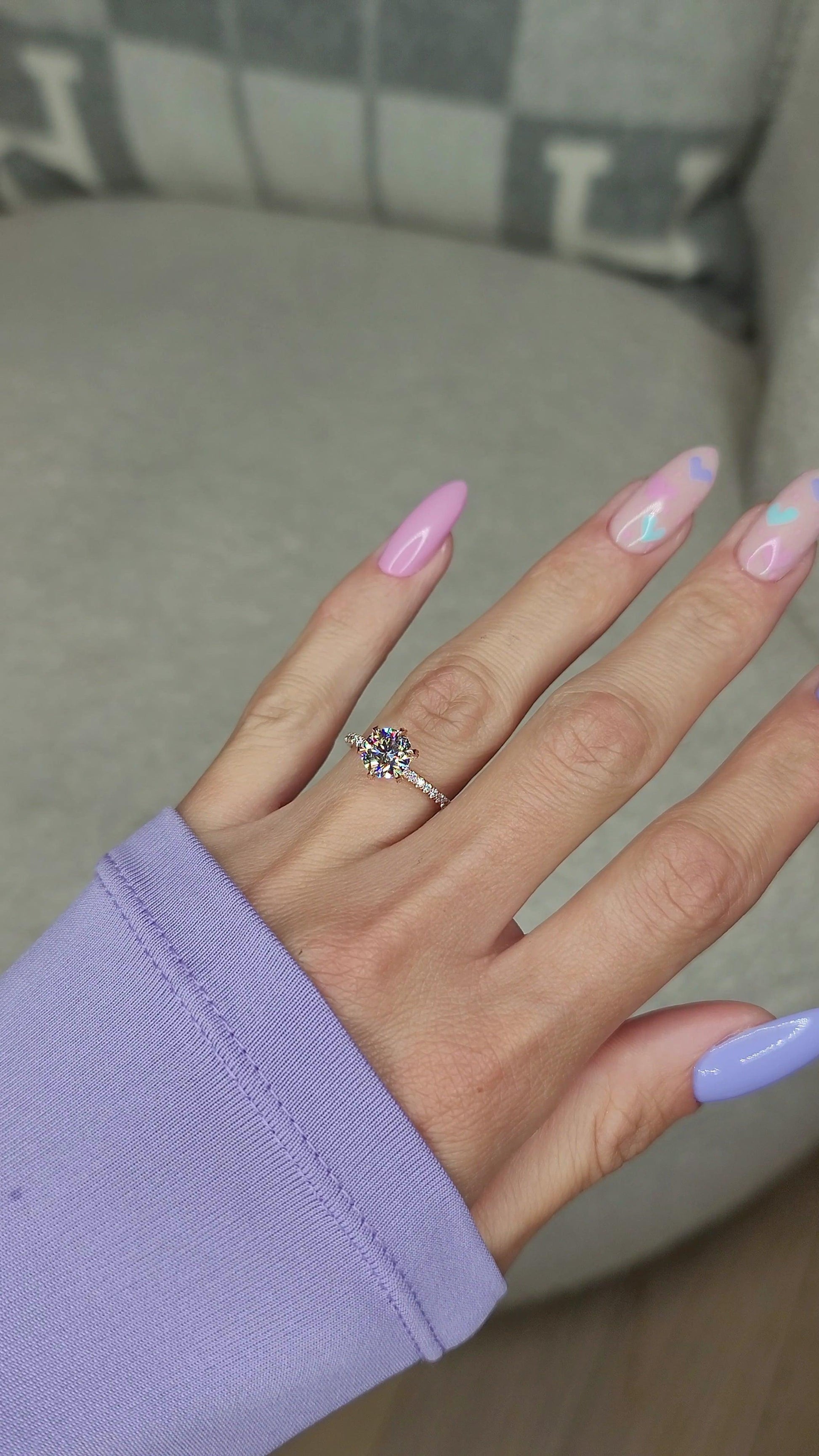 1.70 Carats Lab Grown Round Brilliant Cut Micropave Side Stones Accented Prongs Diamond Engagement Ring in Rose Gold - BenzDiamonds