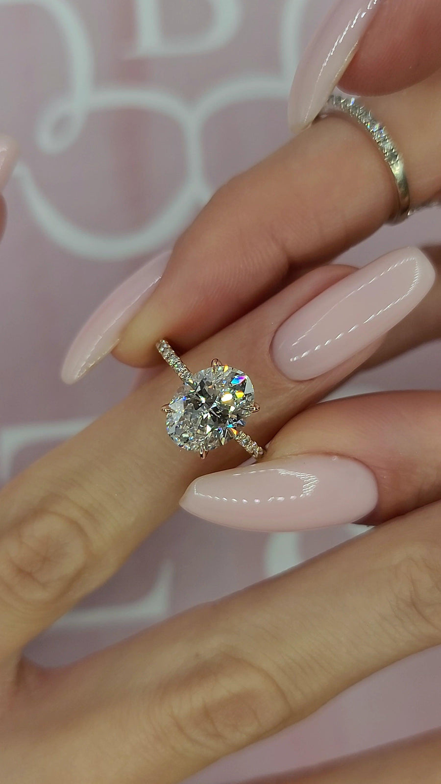 3.30 Carats Lab Grown Oval Cut Micropaved Side Stones Hidden Halo Diamond Engagement Ring - BenzDiamonds