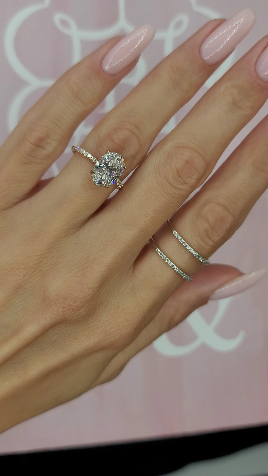3.30 Carats Lab Grown Oval Cut Micropaved Side Stones Hidden Halo Diamond Engagement Ring - BenzDiamonds