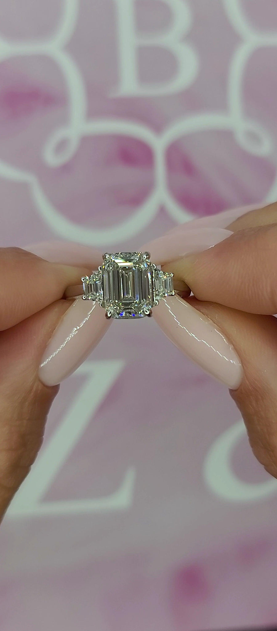 3.40 Carats Lab Grown Emerald Cut with Trapezoid Side Stones Diamond Engagement Ring - BenzDiamonds