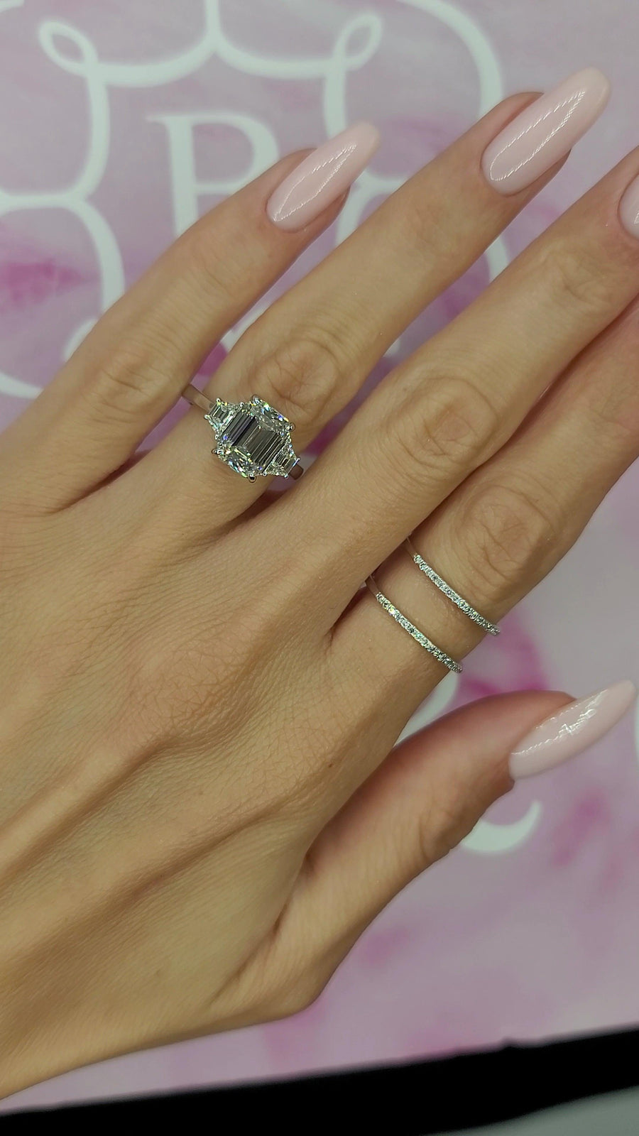 3.40 Carats Lab Grown Emerald Cut with Trapezoid Side Stones Diamond Engagement Ring - BenzDiamonds