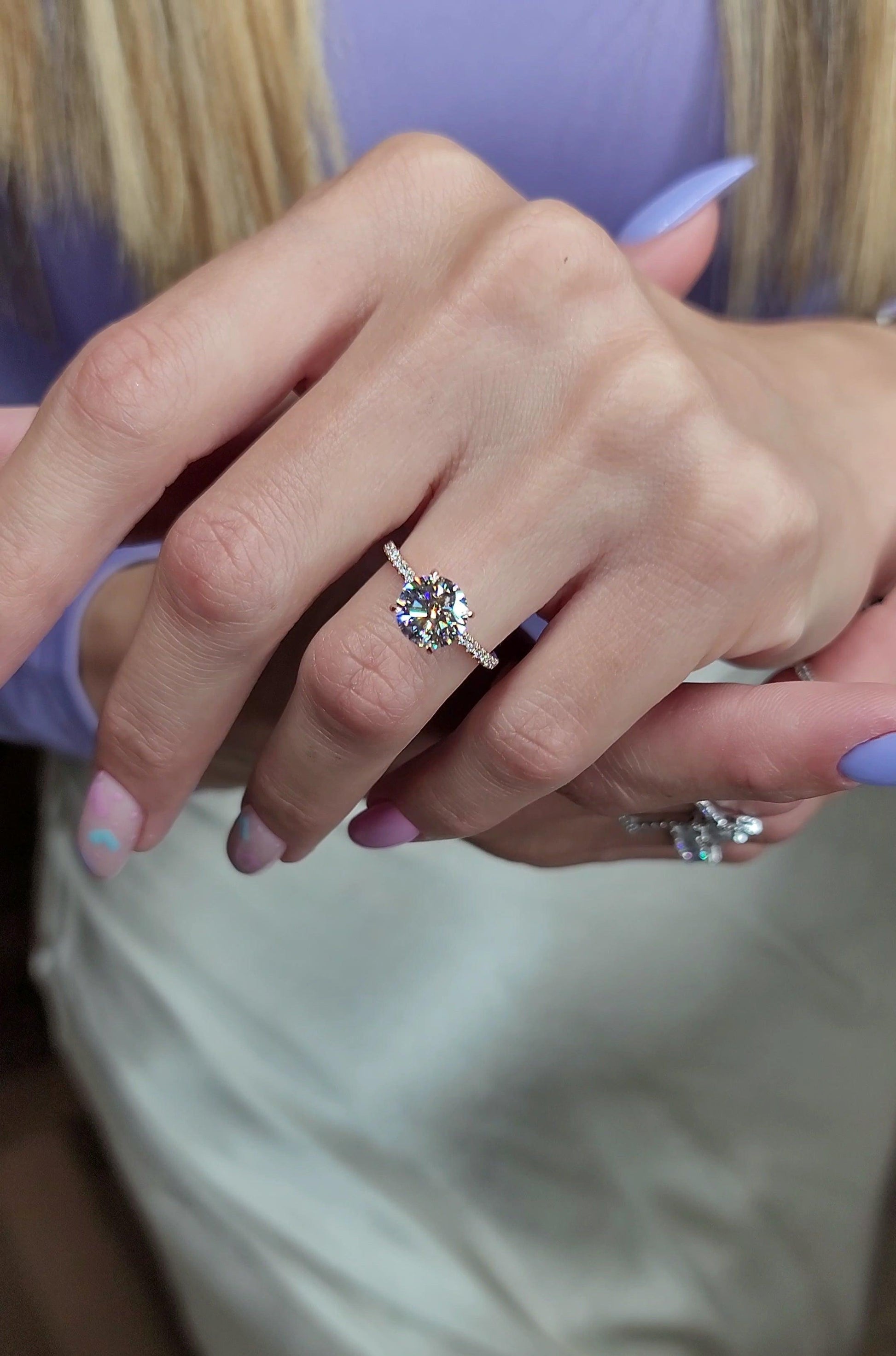 2.54 Carats Lab Grown Round Brilliant Cut Micropave Side Stones Hidden Halo Diamond Engagement Ring - BenzDiamonds