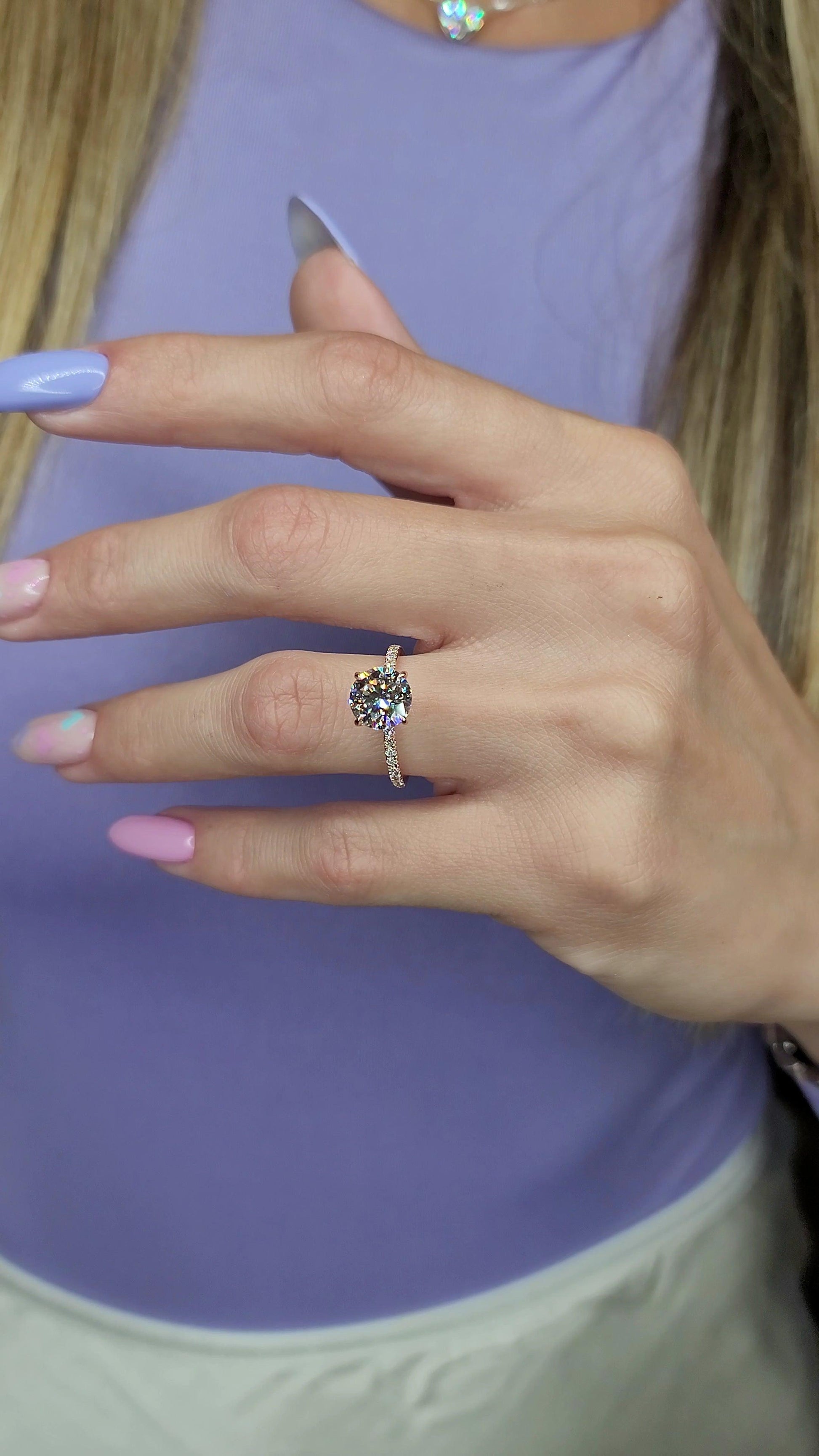 2.54 Carats Lab Grown Round Brilliant Cut Micropave Side Stones Hidden Halo Diamond Engagement Ring - BenzDiamonds