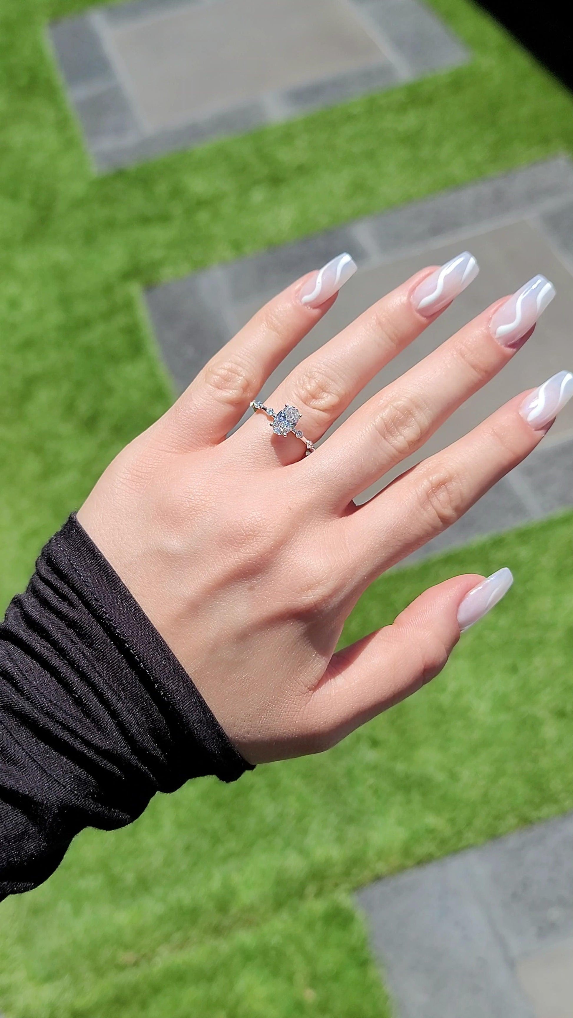 1.18 Carats Lab Grown Oval Cut Spaced Side Stones Diamond Engagement Ring - BenzDiamonds