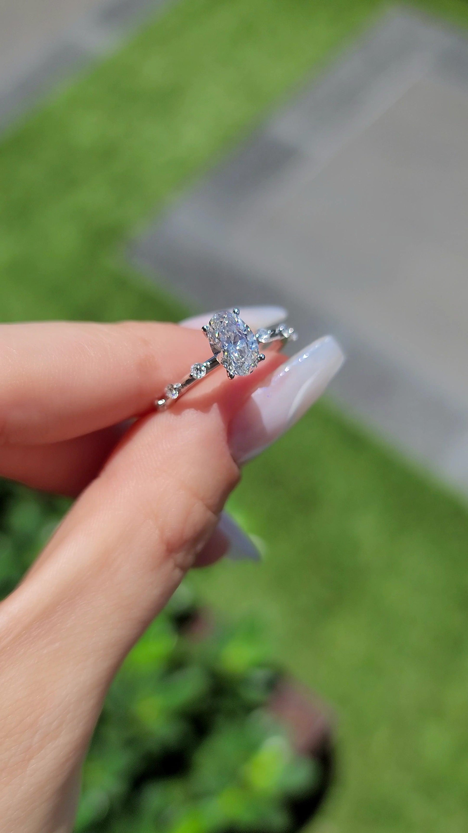 1.18 Carats Lab Grown Oval Cut Spaced Side Stones Diamond Engagement Ring - BenzDiamonds