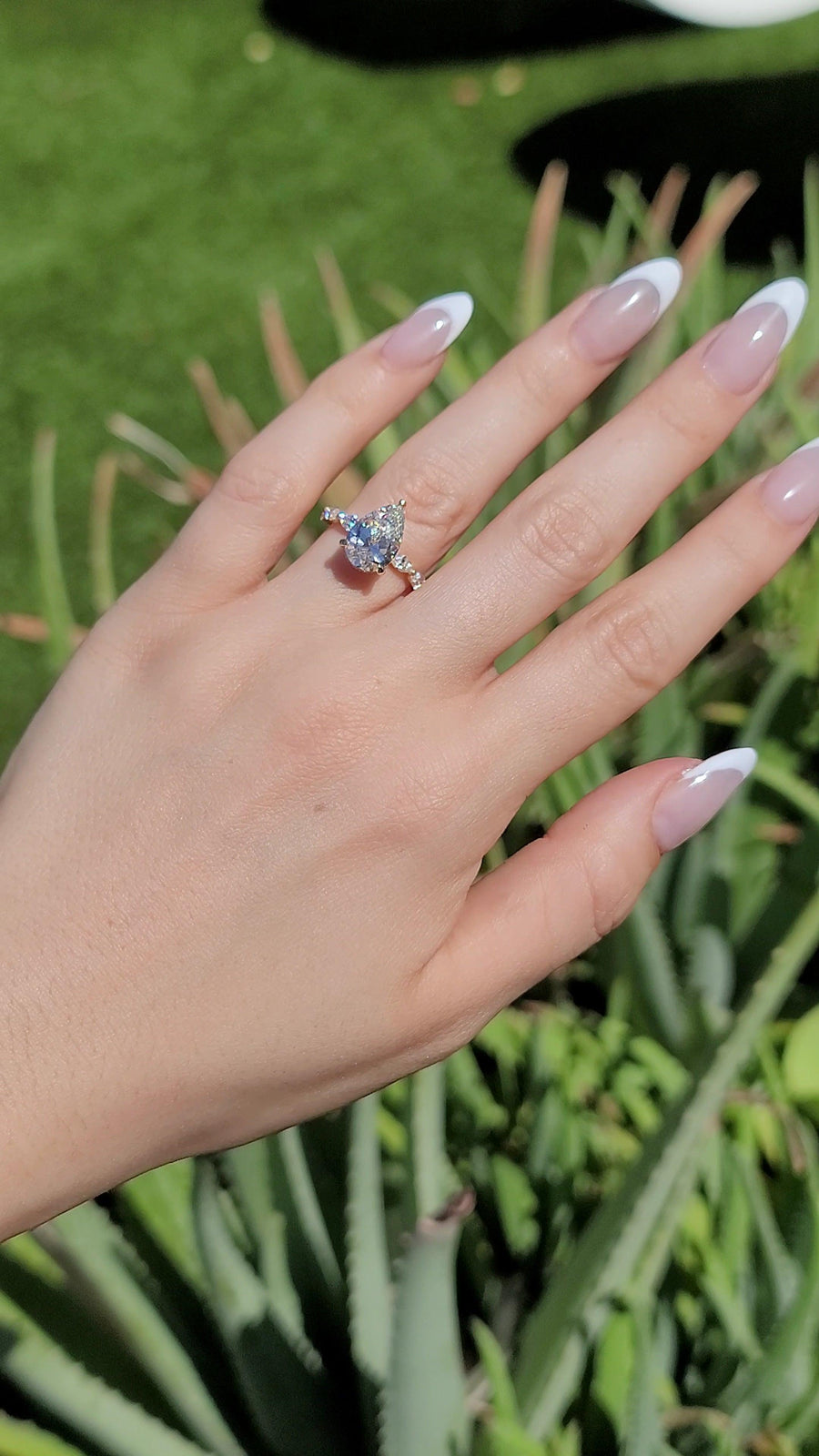 3.68 Carats Lab Grown Pear Shape with Marquise Side Stones Hidden Halo Diamond Engagement Ring - BenzDiamonds