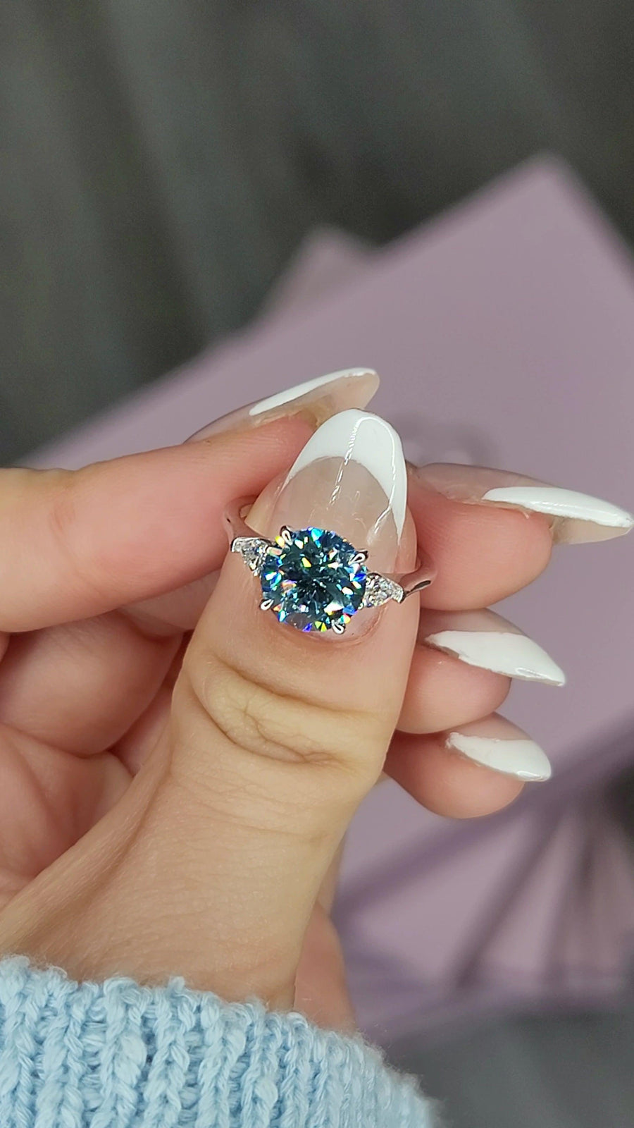 2.35 Carats Lab Grown Fancy Vivid Blue Round Brilliant Cut with Pear Shape Side Stones Diamond Engagement Ring - BenzDiamonds