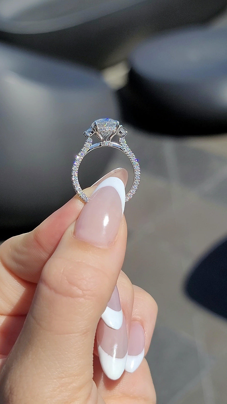4.15 Carats Lab Grown Oval Cut Trio Pave Side Stones with Half Moons Diamond Engagement Ring - BenzDiamonds