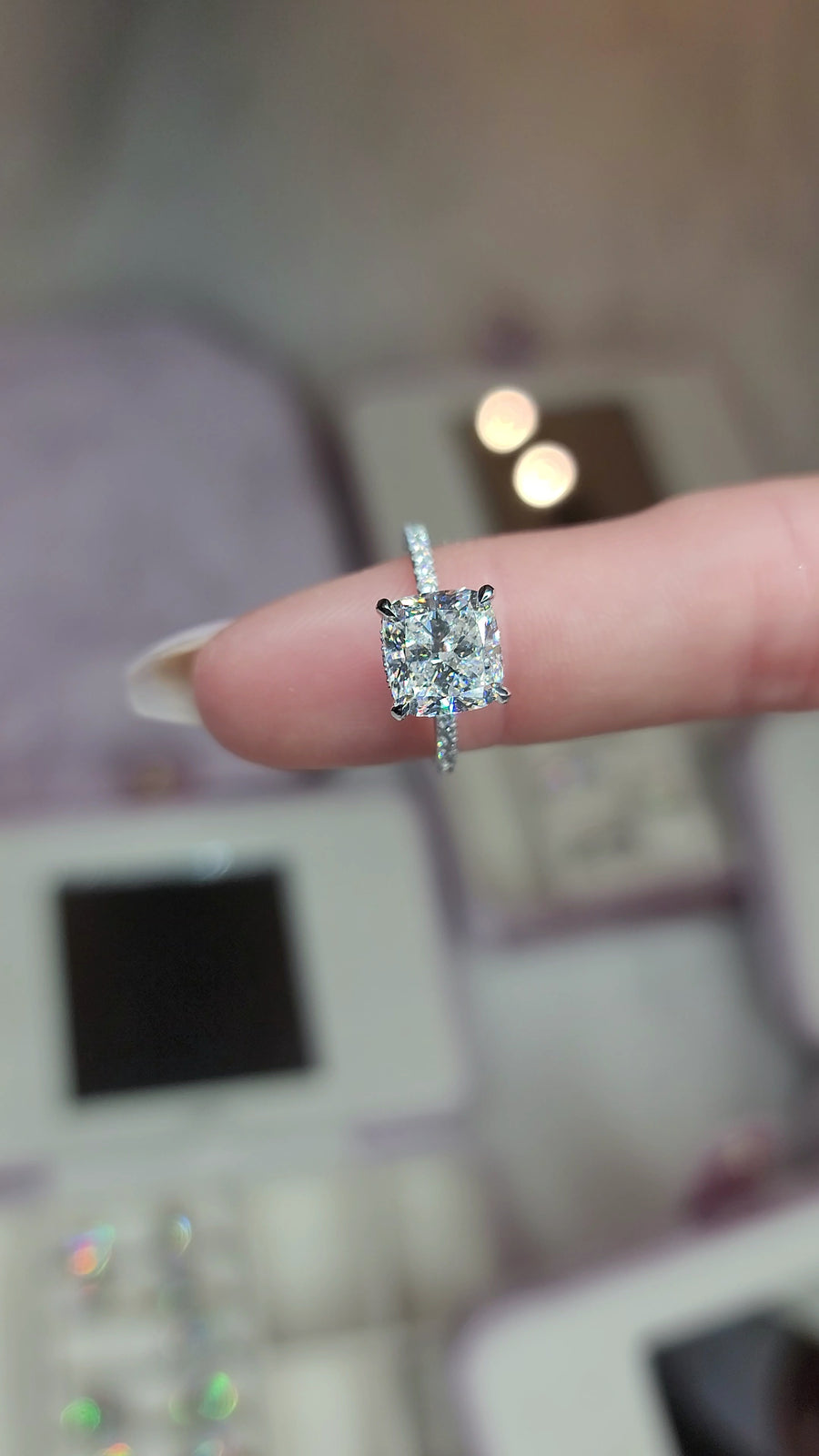 4.52 Carats Lab Grown Cushion Cut Micropaved Side Stones Hidden Halo Diamond Engagement Ring