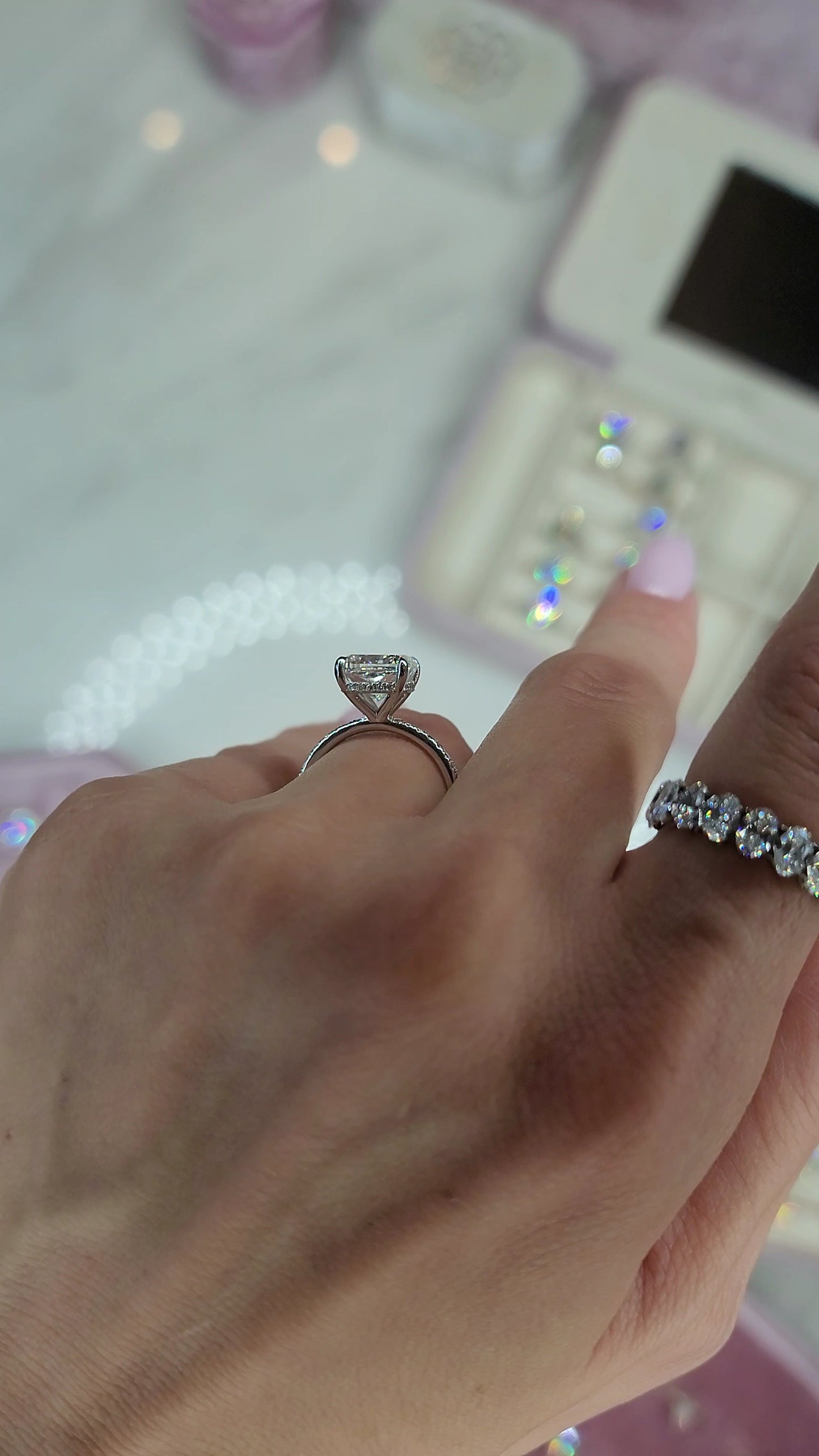 4.52 Carats Lab Grown Cushion Cut Micropaved Side Stones Hidden Halo Diamond Engagement Ring