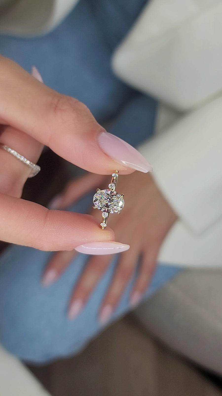1.70 Carats Lab Grown Oval Cut Spaced Side Stones Diamond Engagement Ring
