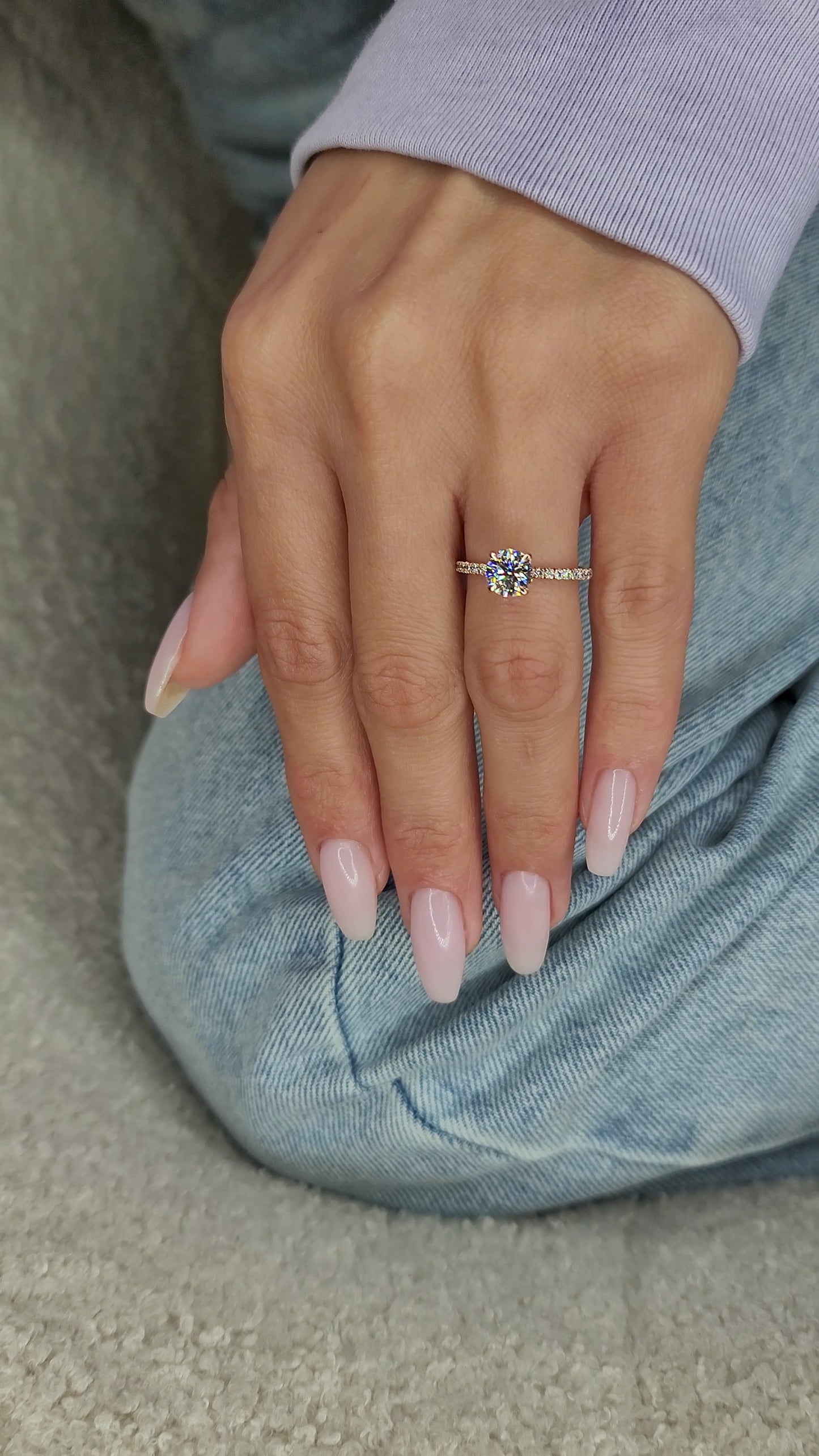 1.45 Carats Lab Grown Round Brilliant Cut Micropave Side Stones Hidden Halo Diamond Engagement Ring