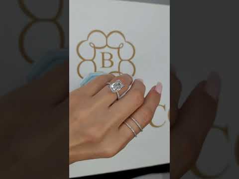 5.56 Carats Lab Grown Emerald Cut Micropaved Side Stones Hidden Halo Diamond Engagement Ring