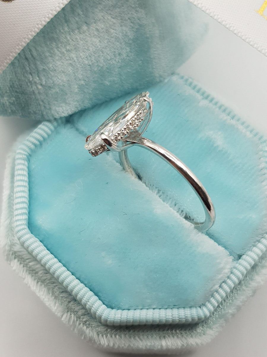 2 Carats Elongated Oval Solitaire Hidden Halo Diamond Engagement Ring - BenzDiamonds